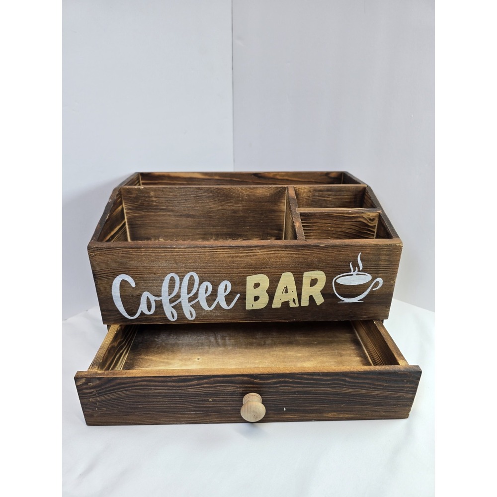 Rustic Wood Coffee Bar Organizer Countertop Station Drawer Farmhouse Decor